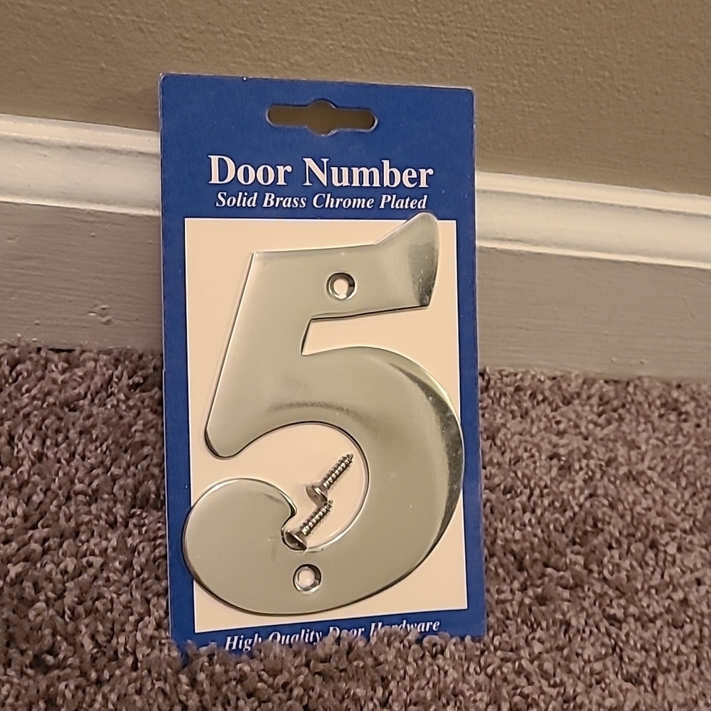 #5 Door/House Number (Hardware) Solid Brass Chrome Plated New Sealed.